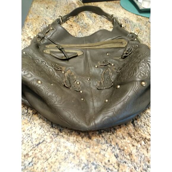 Cole Haan G Series Olive Green leaves applique hobo bag purse Shoulder Leather - Picture 4 of 12